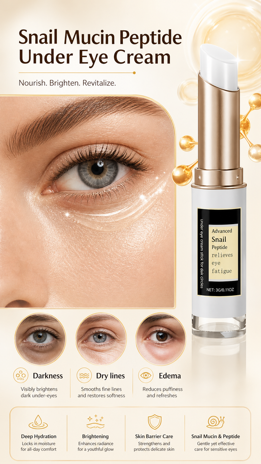 Peptide Theory snail mucin peptide under-eye cream stick shown beside a close-up eye, with icons for reducing dark circles, fine lines, and puffiness